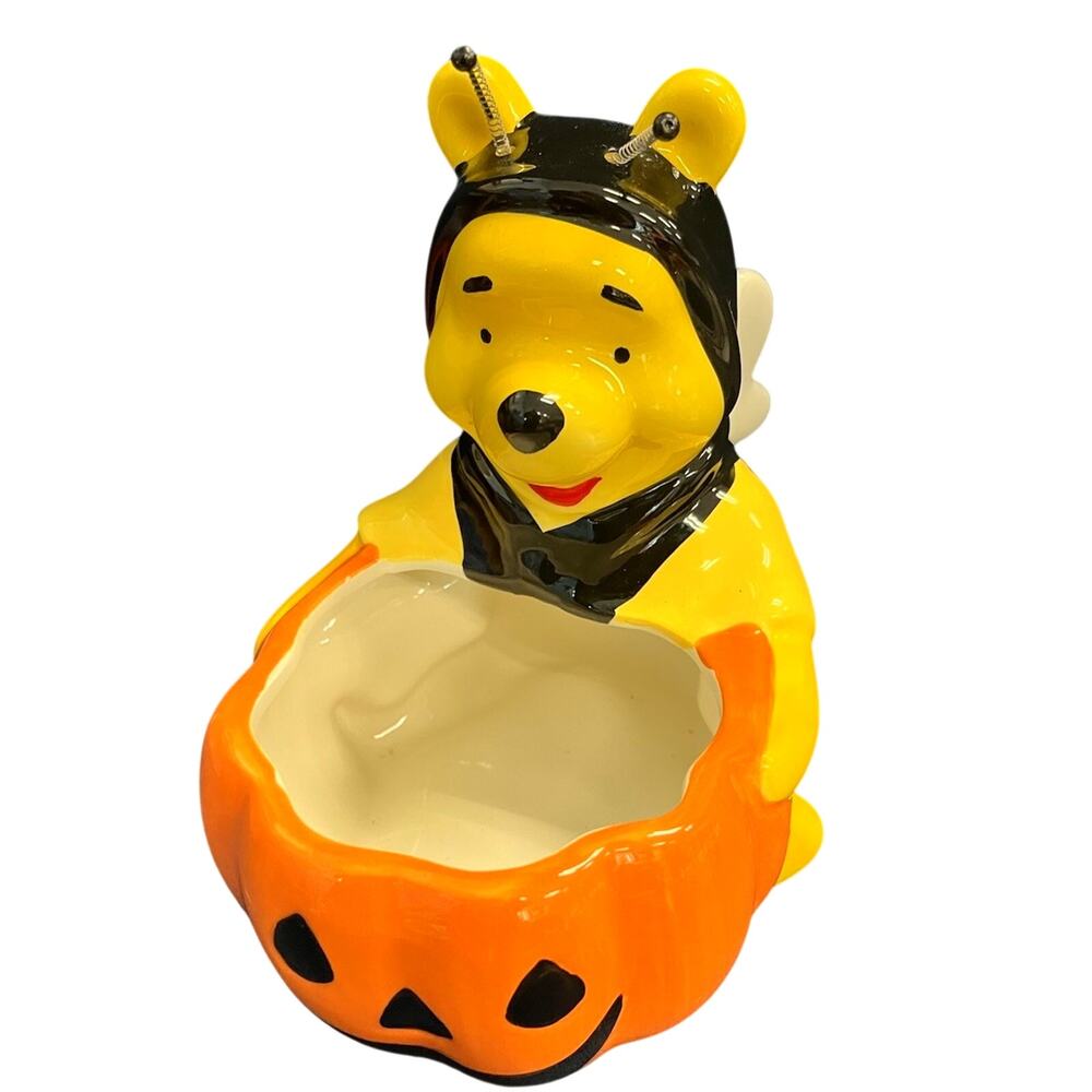 RARE Disney Winnie Pooh in Bee Costume Halloween Pumpkin Ceramic Candy Dish 7”